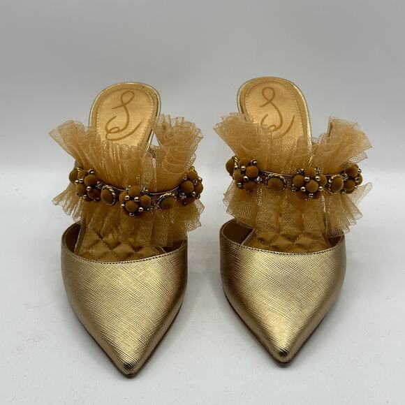 SAM EDELMAN Prosecco Hughes Mule Pump Tulle Embellished Gold Tan Sz 6.5 - Picture 4 of 8